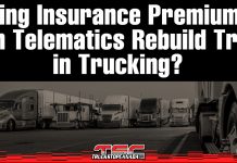 Rising Insurance Premiums: Can Telematics Rebuild Trust in Trucking? "Lineup of semi-trucks parked side by side on a highway with bold headline text: Rising Insurance Premiums: Can Telematics Rebuild Trust in Trucking?"