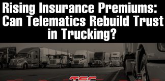 Rising Insurance Premiums: Can Telematics Rebuild Trust in Trucking? "Lineup of semi-trucks parked side by side on a highway with bold headline text: Rising Insurance Premiums: Can Telematics Rebuild Trust in Trucking?"