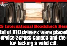 CVSA Releases 2025 International Roadcheck Results Close-up view of two semi-trucks parked side by side with sunlight shining between them. Text overlay reads: “2025 International Roadcheck Results – A total of 810 drivers were placed out of service across Canada and the U.S. for lacking a valid CDL,” with the TruckStopCanada.com logo at the top.