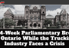 A 14-Week Parliamentary Break in Ontario While the Trucking Industry Faces a Crisis Ontario Legislative Assembly building at Queen’s Park in Toronto, featuring the text on the graphic: “A 14-Week Parliamentary Break in Ontario While the Trucking Industry Faces a Crisis”, highlighting concerns about the trucking industry, road safety, and government inaction in Ontario.