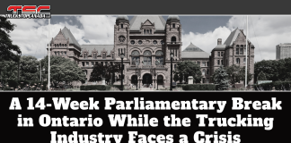 A 14-Week Parliamentary Break in Ontario While the Trucking Industry Faces a Crisis Ontario Legislative Assembly building at Queen’s Park in Toronto, featuring the text on the graphic: “A 14-Week Parliamentary Break in Ontario While the Trucking Industry Faces a Crisis”, highlighting concerns about the trucking industry, road safety, and government inaction in Ontario.