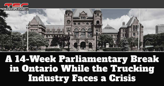 Ontario Legislative Assembly Ontario Legislative Assembly building at Queen’s Park in Toronto, featuring the text on the graphic: “A 14-Week Parliamentary Break in Ontario While the Trucking Industry Faces a Crisis”, highlighting concerns about the trucking industry, road safety, and government inaction in Ontario.