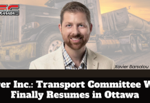 Driver Inc.: Transport Committee Work Finally Resumes in Ottawa Image of Xavier Barsalou Duval (Bloc Québécois), smiling and facing the camera, placed in front of a faded background showing a large semi-truck at sunset. The logo “TruckStopCanada.com” appears in the top-left corner. The text on the image reads: “Driver Inc: Transport Committee Work Finally Resumes in Ottawa.”
