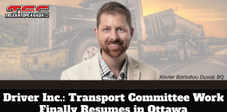 Driver Inc.: Transport Committee Work Finally Resumes in Ottawa Image of Xavier Barsalou Duval (Bloc Québécois), smiling and facing the camera, placed in front of a faded background showing a large semi-truck at sunset. The logo “TruckStopCanada.com” appears in the top-left corner. The text on the image reads: “Driver Inc: Transport Committee Work Finally Resumes in Ottawa.”