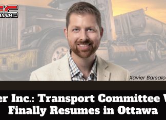 Driver Inc.: Transport Committee Work Finally Resumes in Ottawa Image of Xavier Barsalou Duval (Bloc Québécois), smiling and facing the camera, placed in front of a faded background showing a large semi-truck at sunset. The logo “TruckStopCanada.com” appears in the top-left corner. The text on the image reads: “Driver Inc: Transport Committee Work Finally Resumes in Ottawa.”