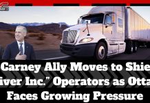 A Carney Ally Moves to Shield “Driver Inc.” Operators as Ottawa Faces Growing Pressure Image featuring Tejpreet Dulat and Prime Minister Mark Carney on the left, placed in front of a background with a highway and a white semi-truck driving through a desert landscape. The title “A Carney Ally Moves to Shield ‘Driver Inc.’ Operators as Ottawa Faces Growing Pressure” appears across the bottom, with the Truck Stop Canada branding at the top.