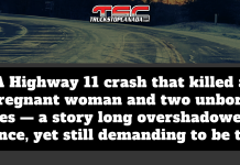 Highway 11 : A Tragedy That Slipped Under the Radar Exposes Major Gaps and a Deep Sense of Injustice Graphic with the Truck Stop Canada logo and a dark winter road. The text reads: “A Highway 11 crash that killed a pregnant woman and two unborn babies — a story long overshadowed by silence, yet still demanding to be told.”