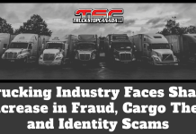 Trucking Industry Faces Sharp Increase in Fraud, Cargo Theft and Identity Scams Black-and-white image of several semi-trucks parked in a row with the Truck Stop Canada logo at the top and the text “Trucking Industry Faces Sharp Increase in Fraud, Cargo Theft and Identity Scams” displayed across the bottom.