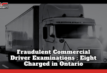 Fraudulent Commercial Driver Examinations : Eight Charged in Ontario Black-and-white image of a commercial semi-truck driving on a highway, featuring the Truck Stop Canada (TSC) logo. The text on the graphic reads: “Fraudulent Commercial Driver Examinations: Eight Charged in Ontario,” illustrating a criminal investigation into fraudulent commercial driver testing and trucking safety concerns.
