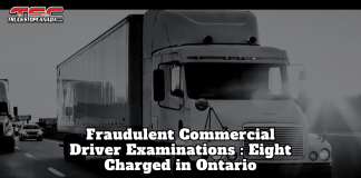 Fraudulent Commercial Driver Examinations : Eight Charged in Ontario Black-and-white image of a commercial semi-truck driving on a highway, featuring the Truck Stop Canada (TSC) logo. The text on the graphic reads: “Fraudulent Commercial Driver Examinations: Eight Charged in Ontario,” illustrating a criminal investigation into fraudulent commercial driver testing and trucking safety concerns.