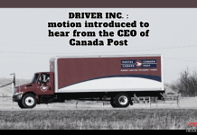 Standing Committee on Transport: Bloc Québécois seeks to hear from Canada Post CEO Canada Post delivery truck driving on a rural road, with the text “DRIVER INC.: motion introduced to hear from the CEO of Canada Post,” illustrating a parliamentary motion related to trucking practices and subcontracting discussed at the Standing Committee on Transport.
