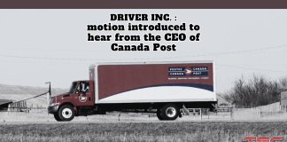 Standing Committee on Transport: Bloc Québécois seeks to hear from Canada Post CEO Canada Post delivery truck driving on a rural road, with the text “DRIVER INC.: motion introduced to hear from the CEO of Canada Post,” illustrating a parliamentary motion related to trucking practices and subcontracting discussed at the Standing Committee on Transport.