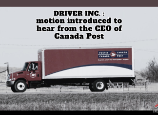 Standing Committee on Transport: Bloc Québécois seeks to hear from Canada Post CEO Canada Post delivery truck driving on a rural road, with the text “DRIVER INC.: motion introduced to hear from the CEO of Canada Post,” illustrating a parliamentary motion related to trucking practices and subcontracting discussed at the Standing Committee on Transport.