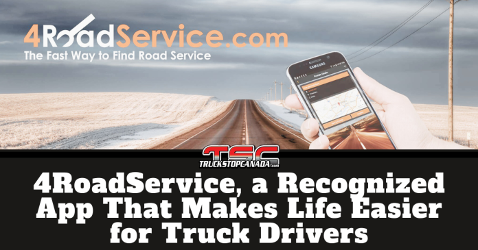 Promotional banner for 4RoadService.com featuring the text “The Fast Way to Find Road Service” and “4RoadService, a Recognized App That Makes Life Easier for Truck Drivers.”