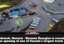 Woodstock, Ontario : Harnois Énergies is recruiting for the opening of one of Canada’s largest truck stops Aerial view of the future Harnois Énergies truck stop site in Woodstock, Ontario. The graphic reads: “Woodstock, Ontario: Harnois Énergies is recruiting for the opening of one of Canada’s largest truck stops.” The site, located along Highway 401, is undergoing major renovation and modernization in preparation for its upcoming opening.