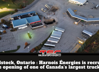Woodstock, Ontario : Harnois Énergies is recruiting for the opening of one of Canada’s largest truck stops Aerial view of the future Harnois Énergies truck stop site in Woodstock, Ontario. The graphic reads: “Woodstock, Ontario: Harnois Énergies is recruiting for the opening of one of Canada’s largest truck stops.” The site, located along Highway 401, is undergoing major renovation and modernization in preparation for its upcoming opening.