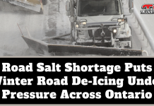 Road Salt Shortage Puts Winter Road De-Icing Under Pressure Across Ontario Snowplow operating on an icy highway, illustrating the road salt shortage and the pressure on winter road de-icing across Ontario. Text on graphic : Road Salt Shortage Puts Winter Road De-Icing Under Pressure Across Ontario