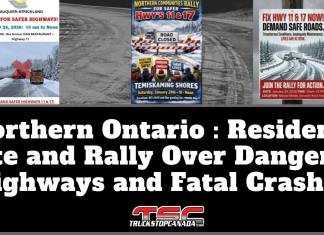Northern Ontario: Residents Unite and Rally Over Dangerous Highways and Fatal Crashes Graphic showing multiple rally posters across Northern Ontario announcing coordinated protests on January 24, 2026, calling for safer Highways 11 and 17 following deadly crashes and repeated road closures.