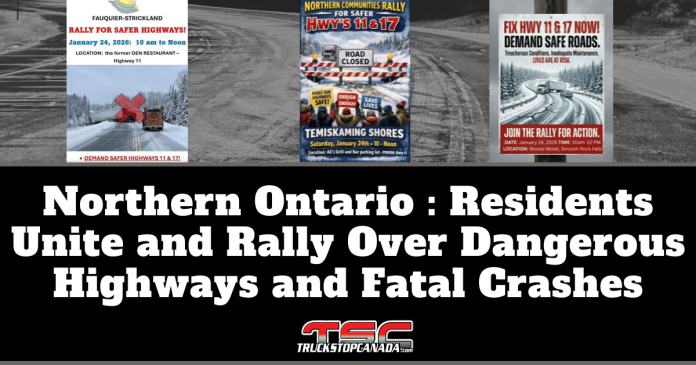 Graphic showing multiple rally posters across Northern Ontario announcing coordinated protests on January 24, 2026, calling for safer Highways 11 and 17 following deadly crashes and repeated road closures.
