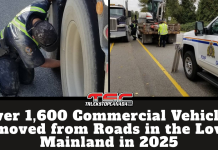 Over 1,600 Commercial Vehicles Removed from Roads in the Lower Mainland in 2025 Burnaby RCMP officers conduct a roadside inspection of a commercial truck in British Columbia’s Lower Mainland, checking tires, brakes, and vehicle compliance during a safety enforcement operation. Photos by Burnaby RCMP. Text on graphic : Over 1,600 Commercial Vehicles Removed from Roads in the Lower Mainland in 2025.