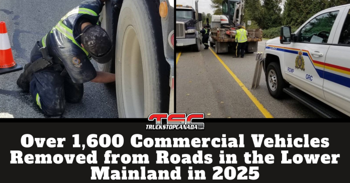 Burnaby RCMP officers conduct a roadside inspection of a commercial truck in British Columbia’s Lower Mainland, checking tires, brakes, and vehicle compliance during a safety enforcement operation. Photos by Burnaby RCMP. Text on graphic : Over 1,600 Commercial Vehicles Removed from Roads in the Lower Mainland in 2025.