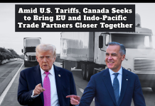 Amid U.S. Tariffs, Canada Seeks to Bring EU and Indo-Pacific Trade Partners Closer Together Text : Amid U.S. Tariffs, Canada Seeks to Bring EU and Indo-Pacific Trade Partners Closer Together. Image : Donald Trump, Mark Carney and heavy trucks on a highway.