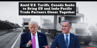 Amid U.S. Tariffs, Canada Seeks to Bring EU and Indo-Pacific Trade Partners Closer Together Text : Amid U.S. Tariffs, Canada Seeks to Bring EU and Indo-Pacific Trade Partners Closer Together. Image : Donald Trump, Mark Carney and heavy trucks on a highway.