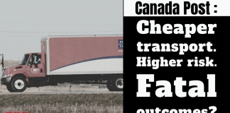 Canada Post Contracts and the “Driver Inc.” Question Raise Public Accountability Concerns Canada Post delivery truck driving on a highway beside a bold graphic reading “Cheaper transport. Higher risk. Fatal outcomes?” highlighting concerns over low-cost subcontracting and road safety in the trucking industry.