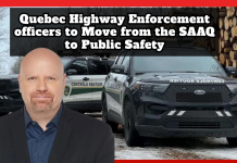 Quebec Highway Enforcement Officers to Move from the SAAQ to Public Safety Quebec highway enforcement vehicles alongside Public Security Minister Ian Lafrenière, illustrating the transfer of Quebec Highway Enforcement officers to Move from the SAAQ to Public Safety