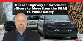 Quebec Highway Enforcement Officers to Move from the SAAQ to Public Safety Quebec highway enforcement vehicles alongside Public Security Minister Ian Lafrenière, illustrating the transfer of Quebec Highway Enforcement officers to Move from the SAAQ to Public Safety