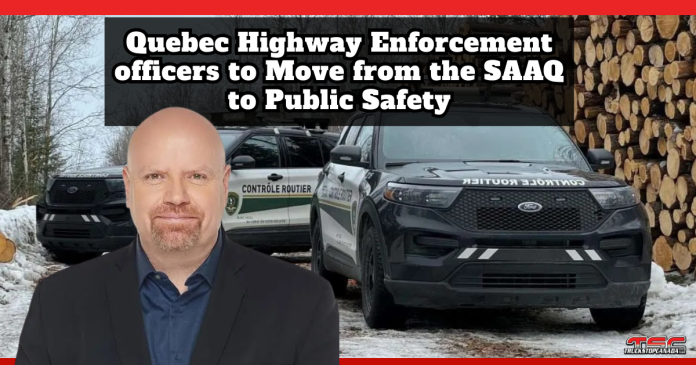 SAAQ Public Safety Highway officers Quebec highway enforcement vehicles alongside Public Security Minister Ian Lafrenière, illustrating the transfer of Quebec Highway Enforcement officers to Move from the SAAQ to Public Safety