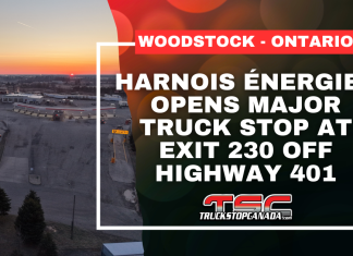 Harnois Énergies opens major travel stop in Woodstock, Ontario, at Exit 230 off Highway 401 Harnois Énergies Travel Stop in Woodstock, Ontario, a newly renovated truck stop on Highway 401 offering fuel, parking, showers, dining and services for truckers and travelers.