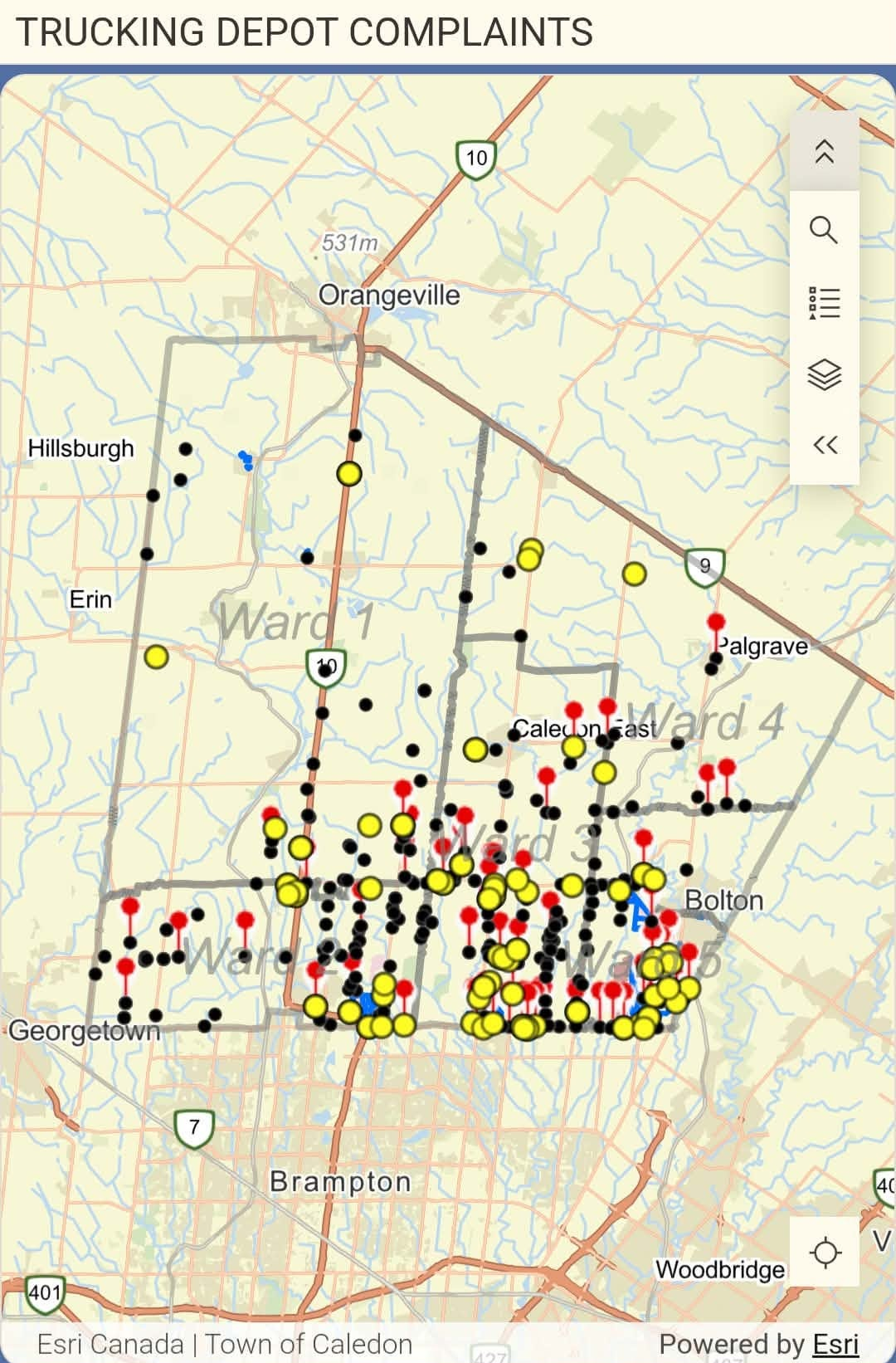 Caledon's trucking depot complaints